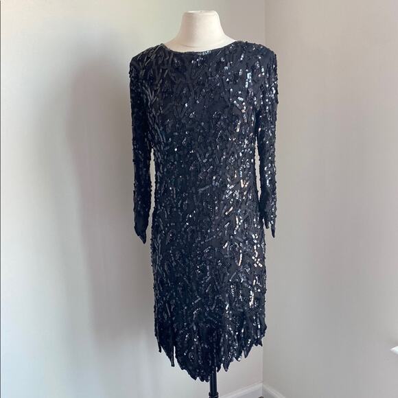 VINTAGE Sequin Dress Womens Sz Small Black Quarter Sleeve Holiday 100% Silk - Picture 1 of 7